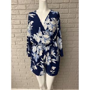 Skies Are Blue Women Blue White Floral Side Tie Romper Size S